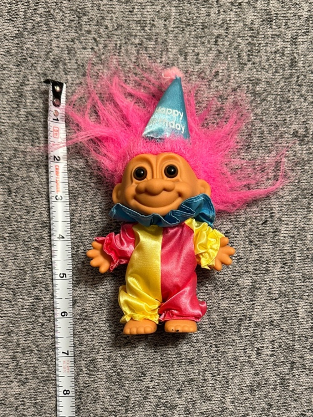 RUSS Vintage Pink-Haired Birthday Troll Doll in Colorful Clown Outfit